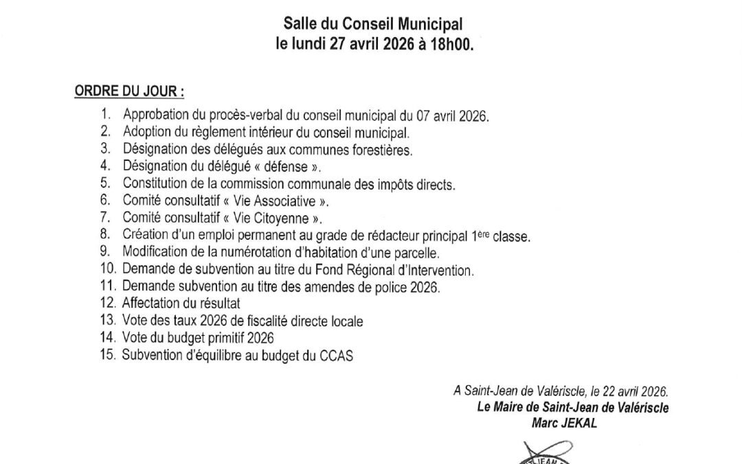CONSEIL MUNICIPAL LE 27 AVRIL 2026