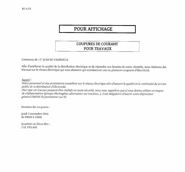 COUPURE DE COURANT POUR TRAVAUX – 2 Le Village