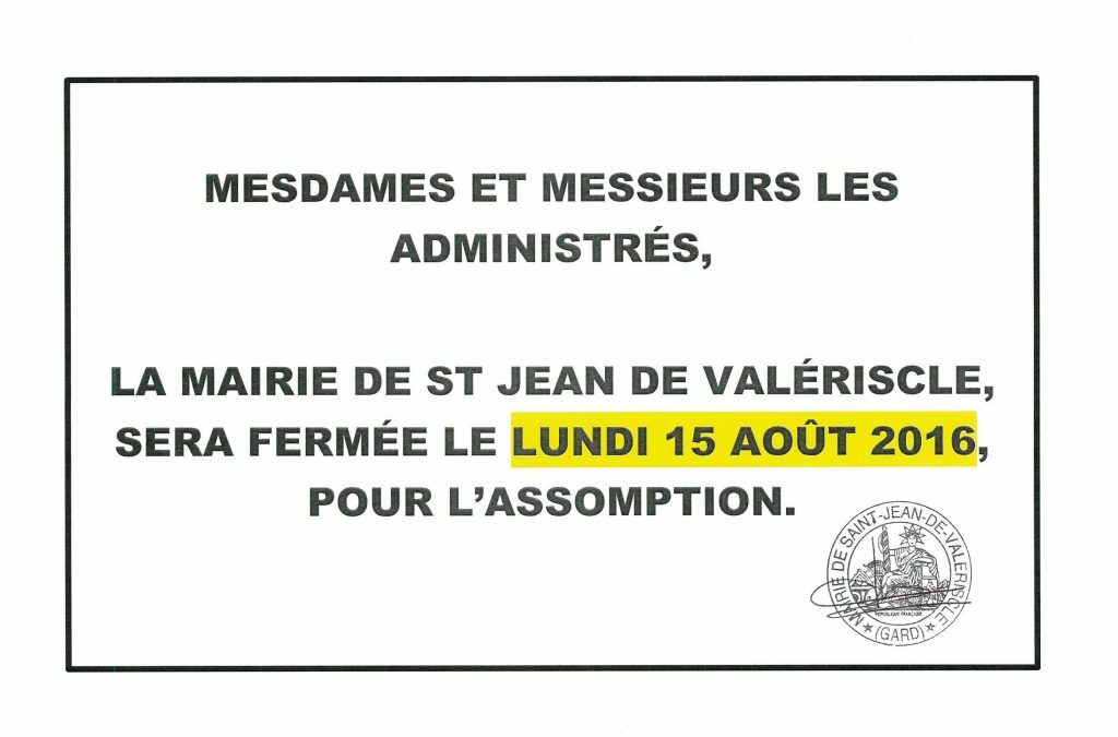 FERMETURE EXCEPTIONNELLE DE LA MAIRIE