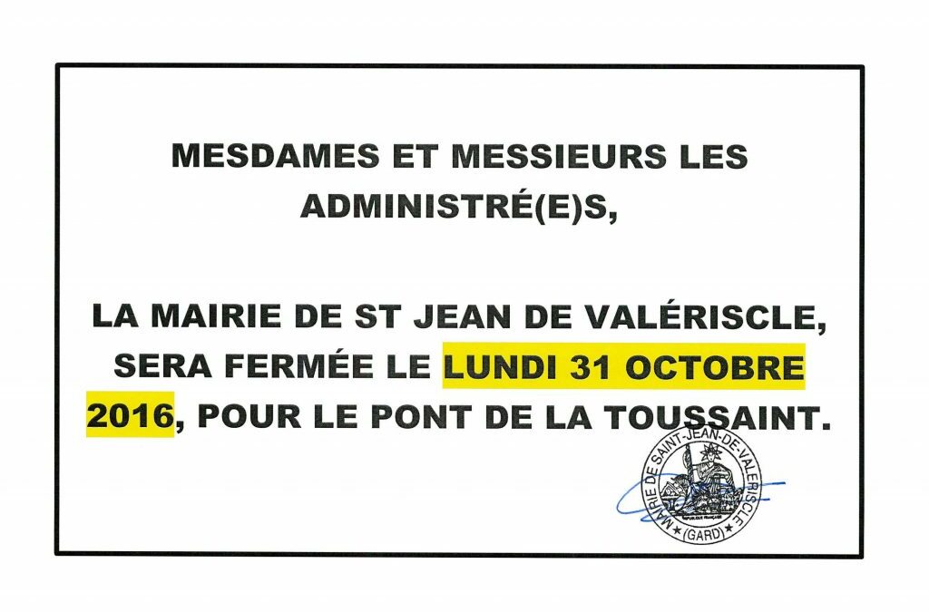 FERMETURE DE LA MAIRIE POUR LA TOUSSAINT