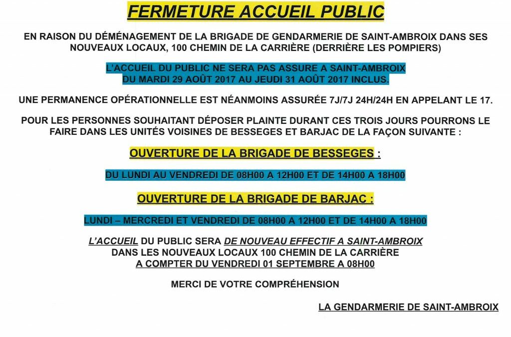 FERMETURE GENDARMERIE SAINT- AMBROIX AOÛT 2017