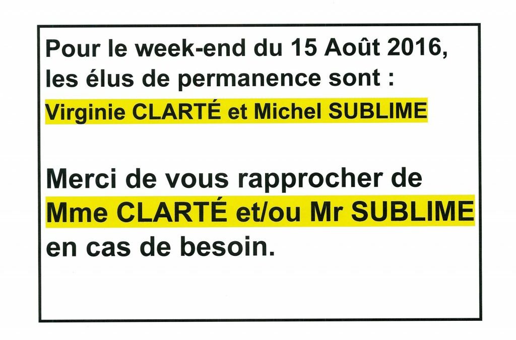 PERMANENCE DU 12 AOÛT au 15 AOÛT 2016 inclus