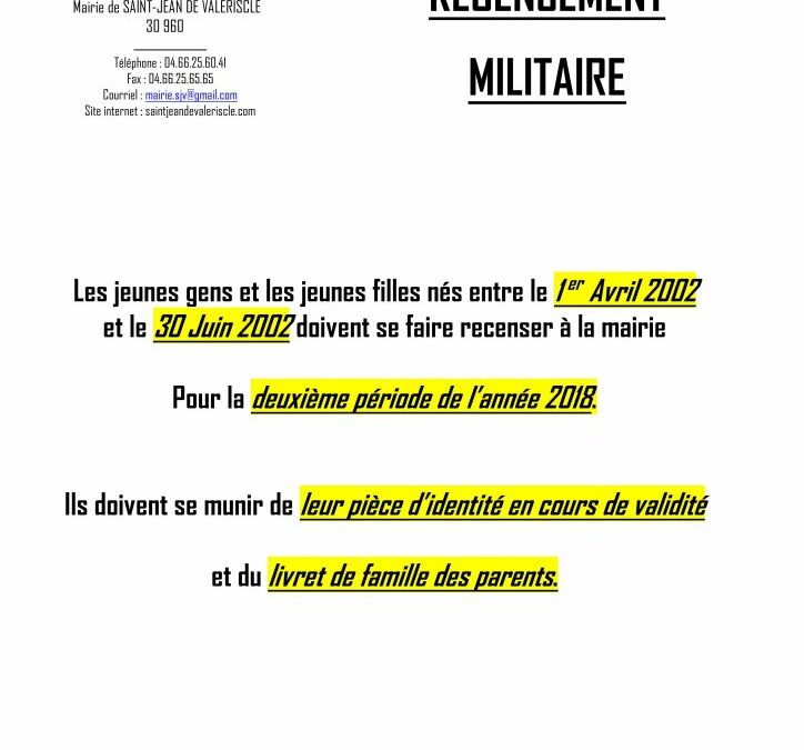 RECENSEMENT MILITAIRE 2EME TRIMESTRE 2018